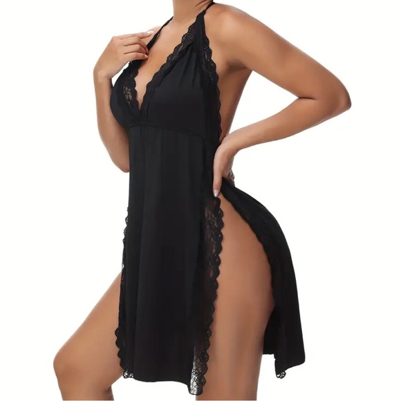 NEW•1X•CREME DE LA CREME BE BOLD BLACK SLINKY LACE SLIP DRESS - Picture 4 of 13